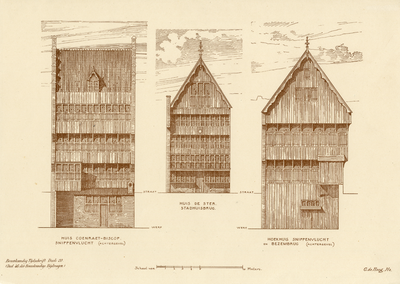 202648 Opstand van de gereconstrueerde voorgevel van het huis Coenraet - Biscop (Snippenvlucht) (links), van het huis ...